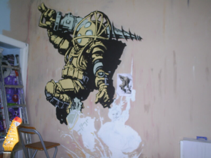 mural of diver with chainsaw