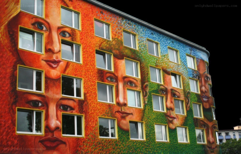 mural of faces on building