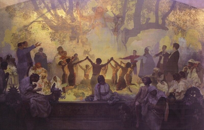 Mural of people dancing in a forest