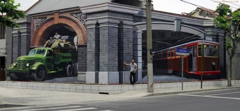 Mural of Vintage Truck and Tram