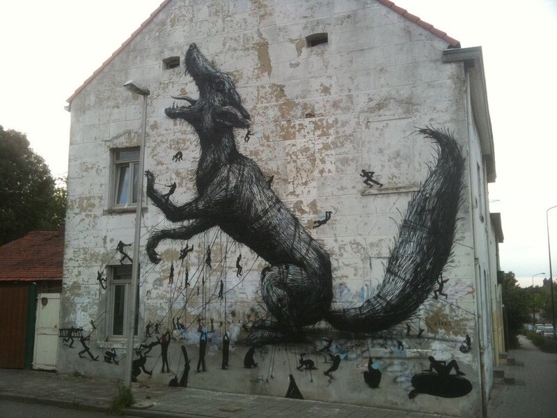 Mural of wolf and figures