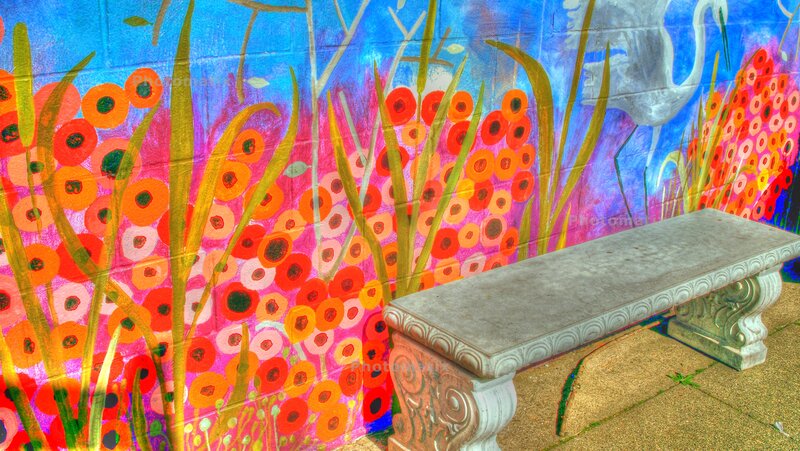 Mural with bench and flowers
