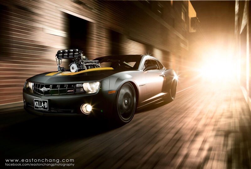 Muscle car in motion at night