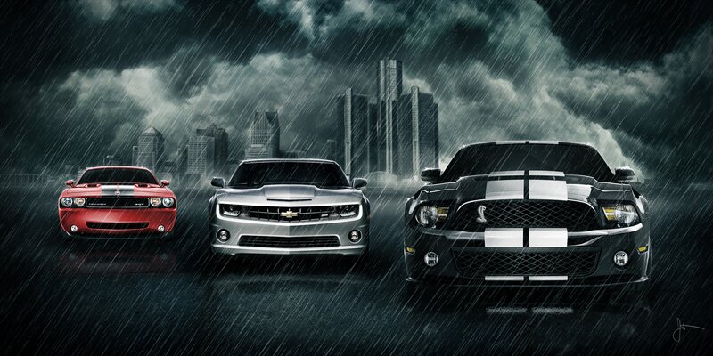 Muscle cars in the rain