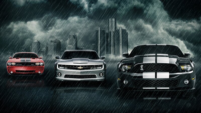 Muscle cars in the rain