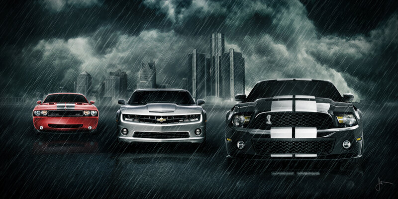 Muscle cars in the rain
