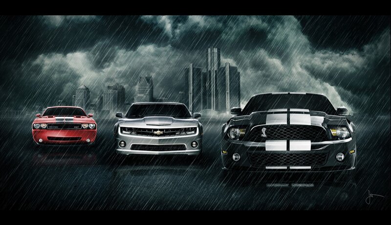 Muscle cars in the rain