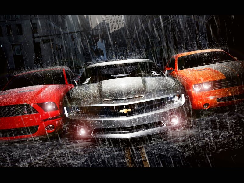 Muscle cars in the rain