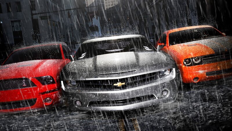 Muscle cars in the rain