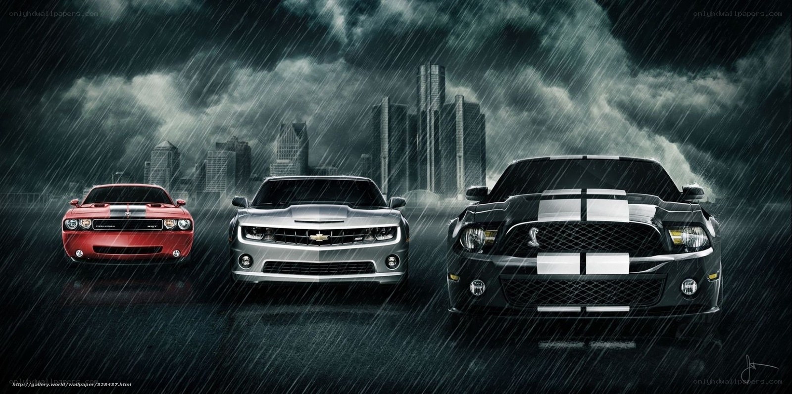 Muscle cars in the rain