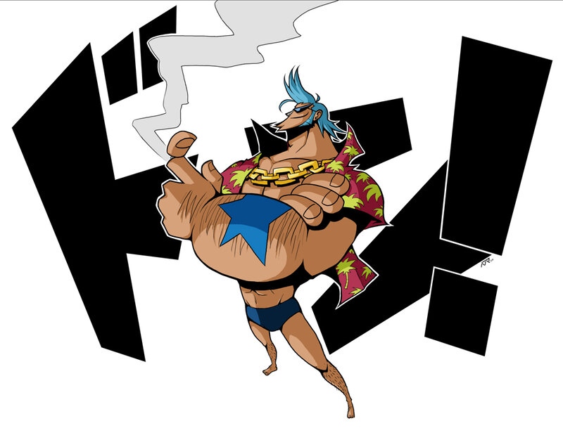 muscular character with blue hair