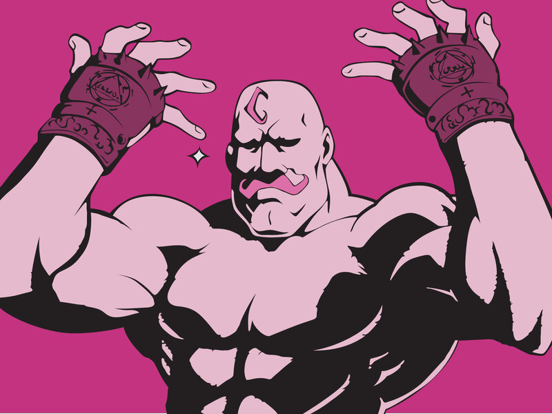 muscular character with pink gloves