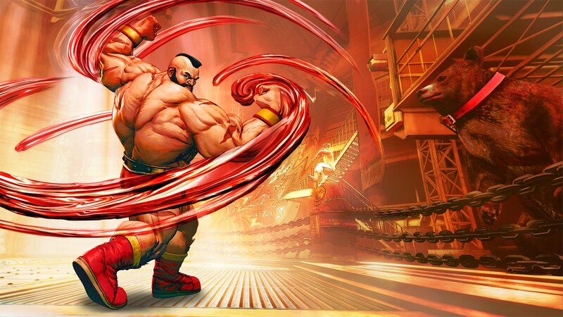 Muscular Man Fighting Bear — Red, Dramatic
