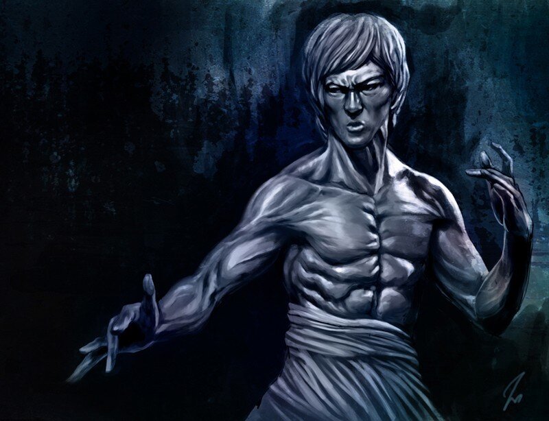 Muscular Man in Martial Arts Pose — Blue, Dramatic, Night