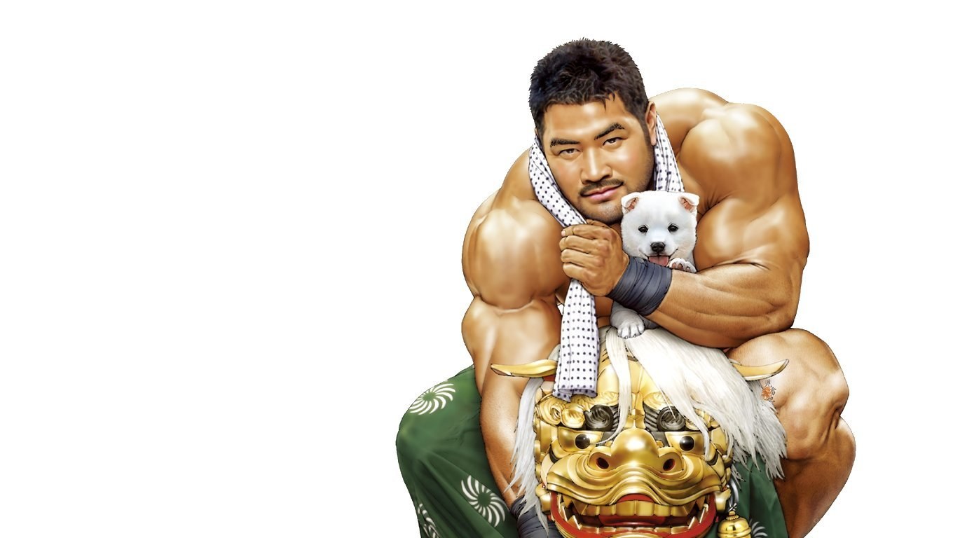muscular man with puppy