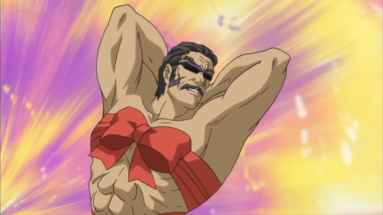muscular man with red bow