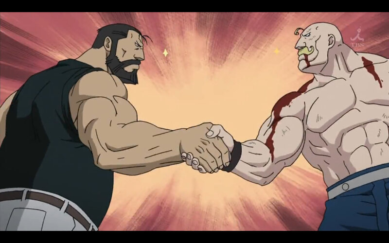 muscular men shaking hands