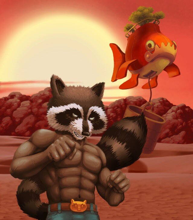 muscular raccoon with fish balloon