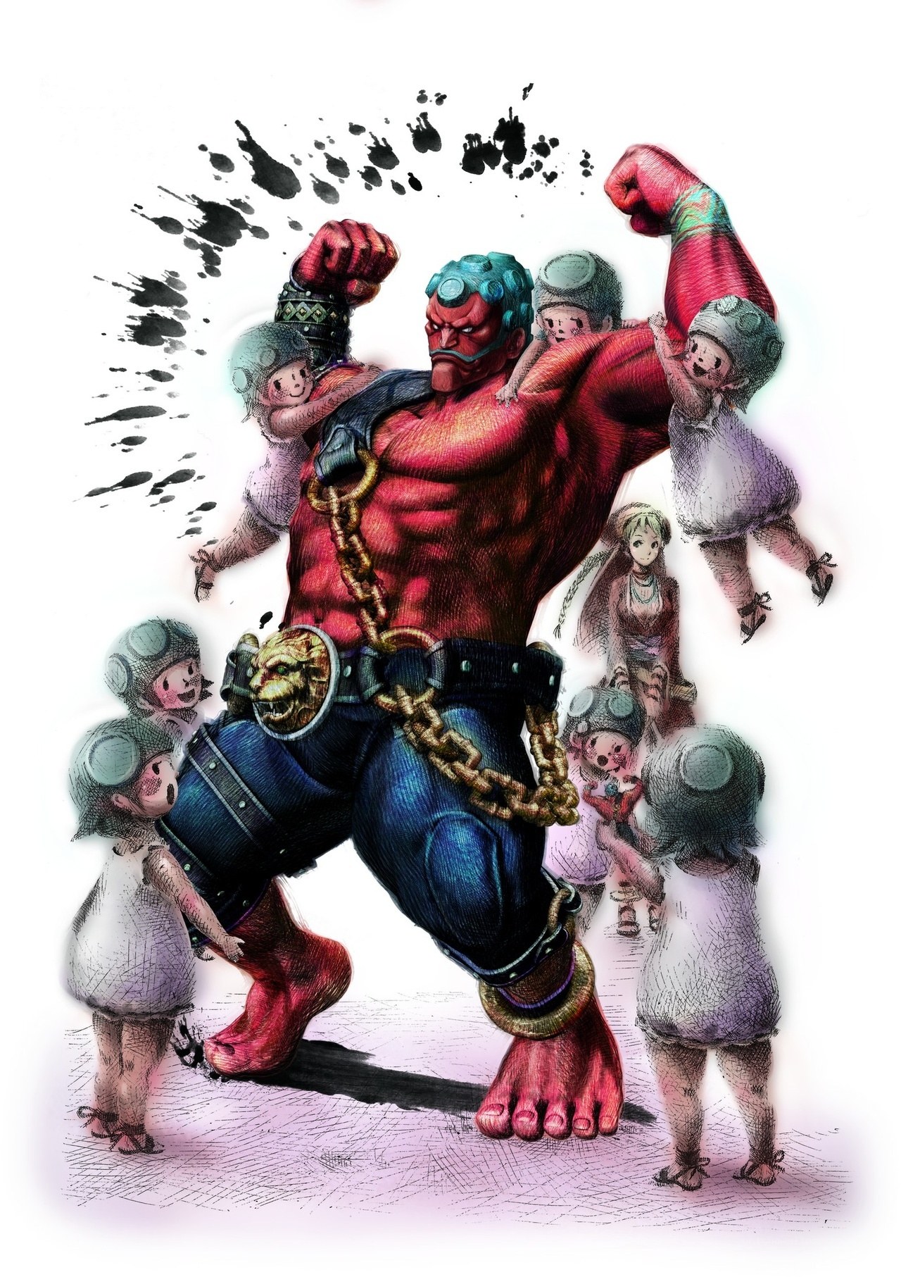 muscular warrior with children