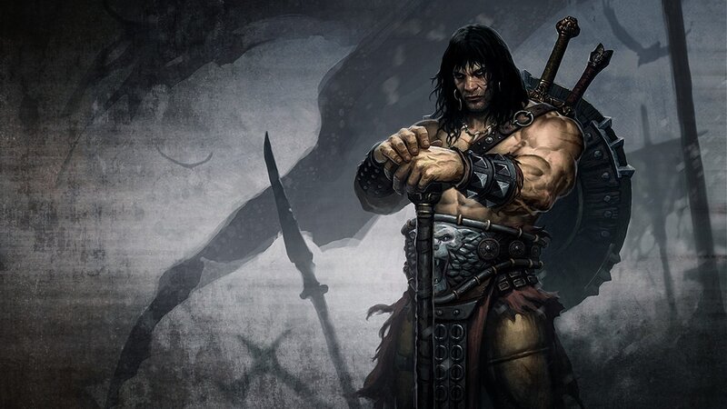 Muscular Warrior with Sword — Gray, Dramatic, Digital Art