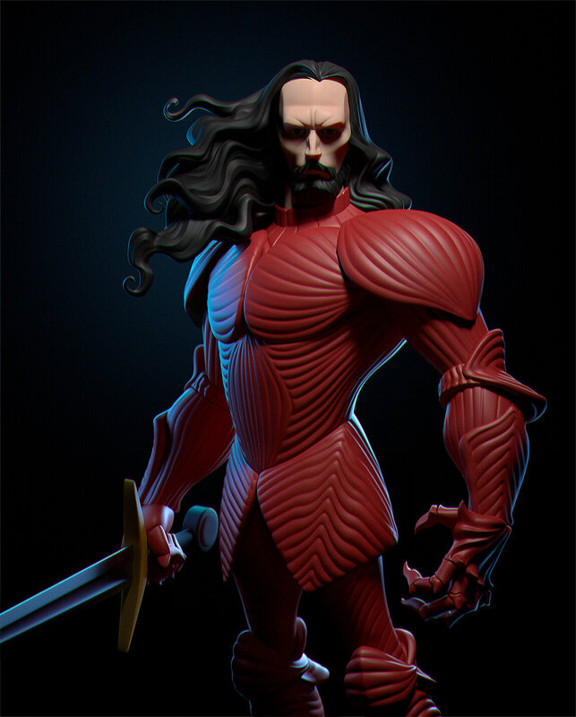 Muscular Warrior with Sword — Red, Dramatic, 3d Render
