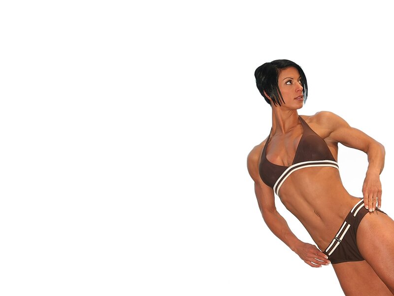 muscular woman in brown bikini