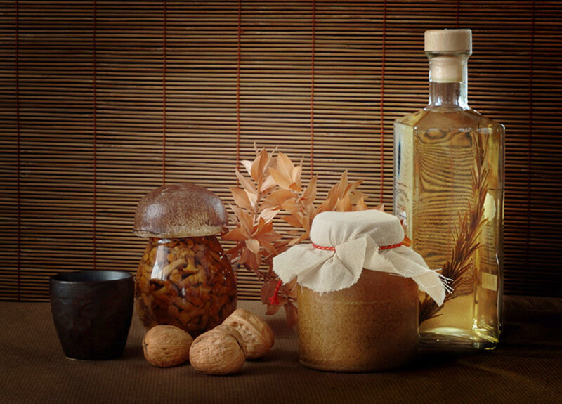 Mushroom and Alcohol Still Life