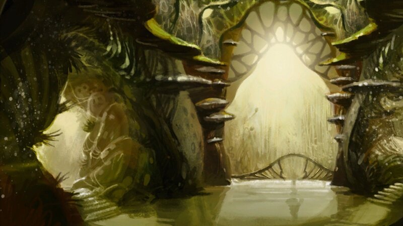 mushroom cave with glowing exit