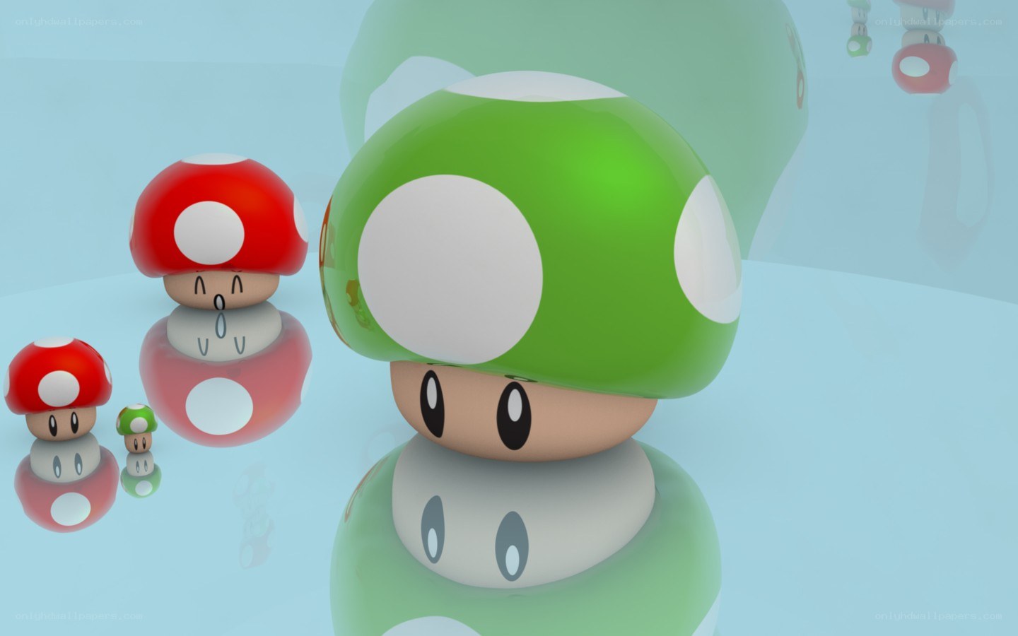Mushroom characters in a reflective scene