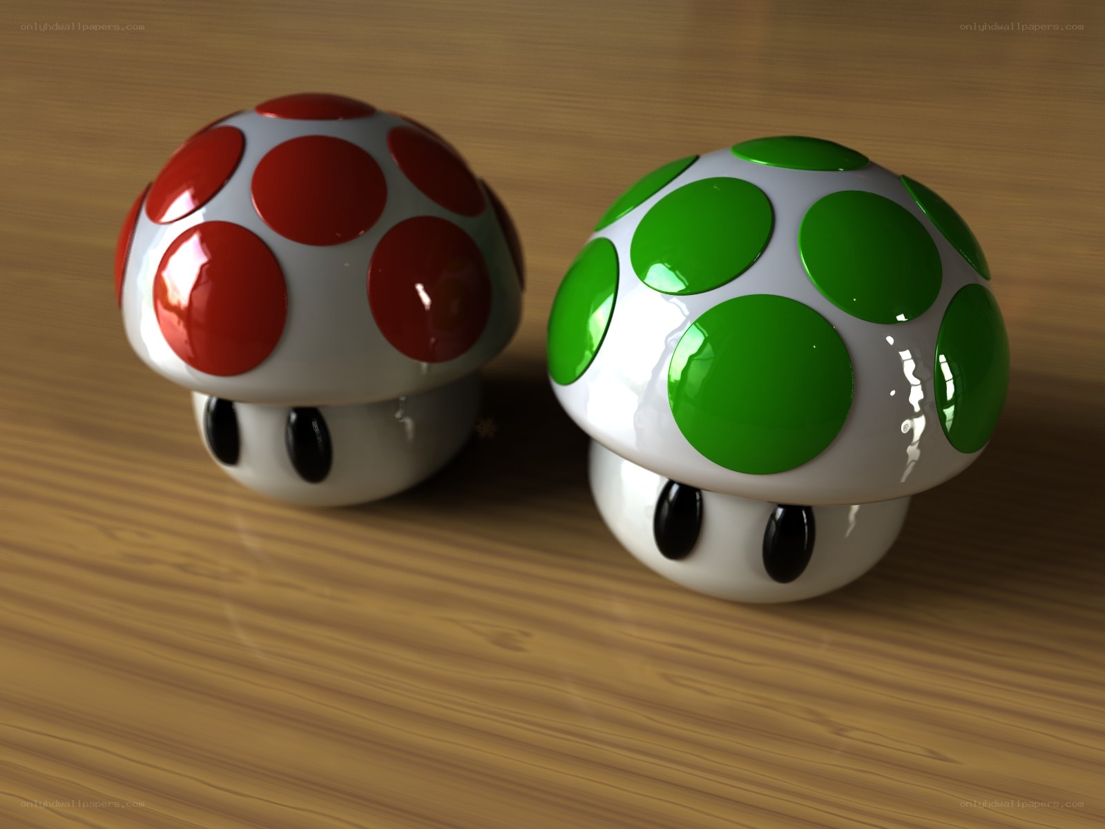 mushroom characters on wood