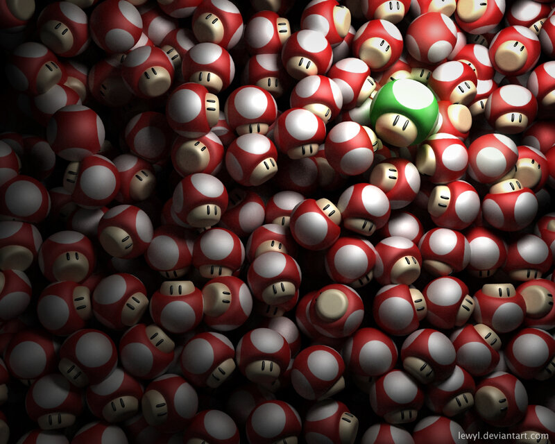 mushroom collection with green outlier