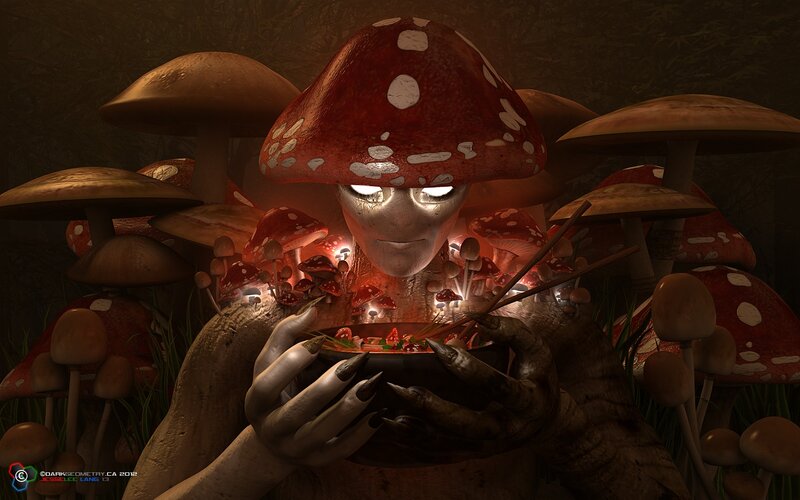mushroom creature eating soup