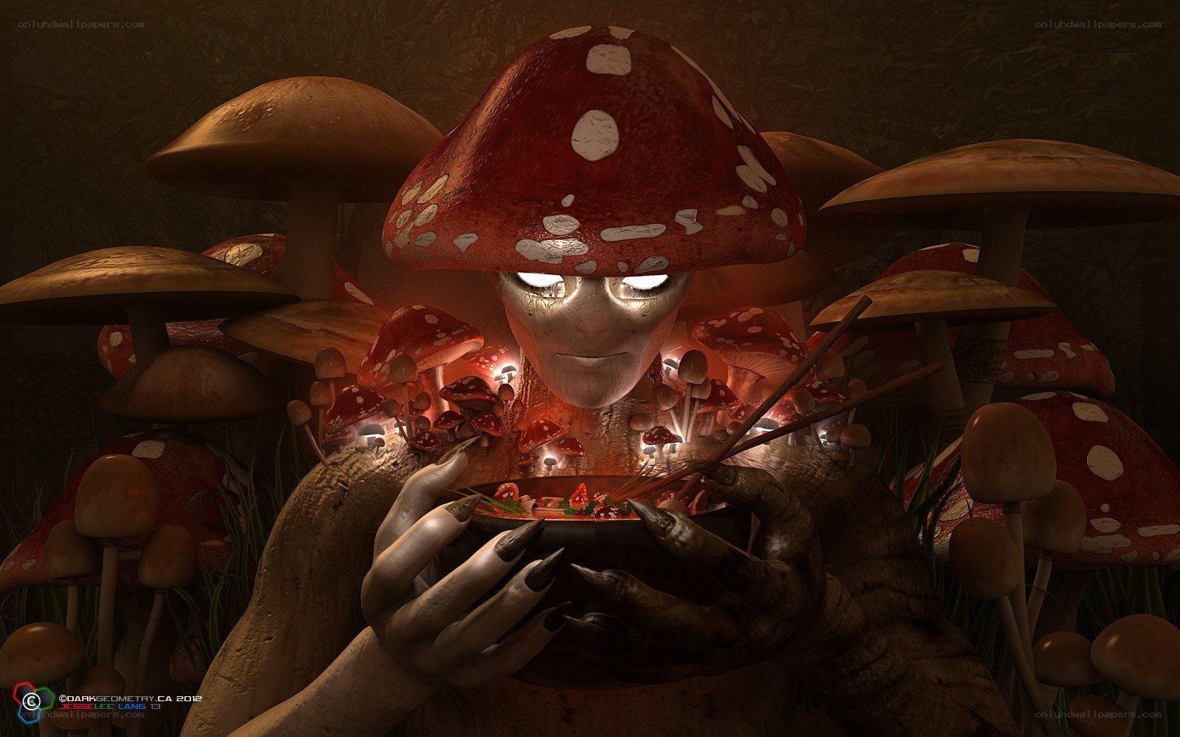 mushroom creature eating soup
