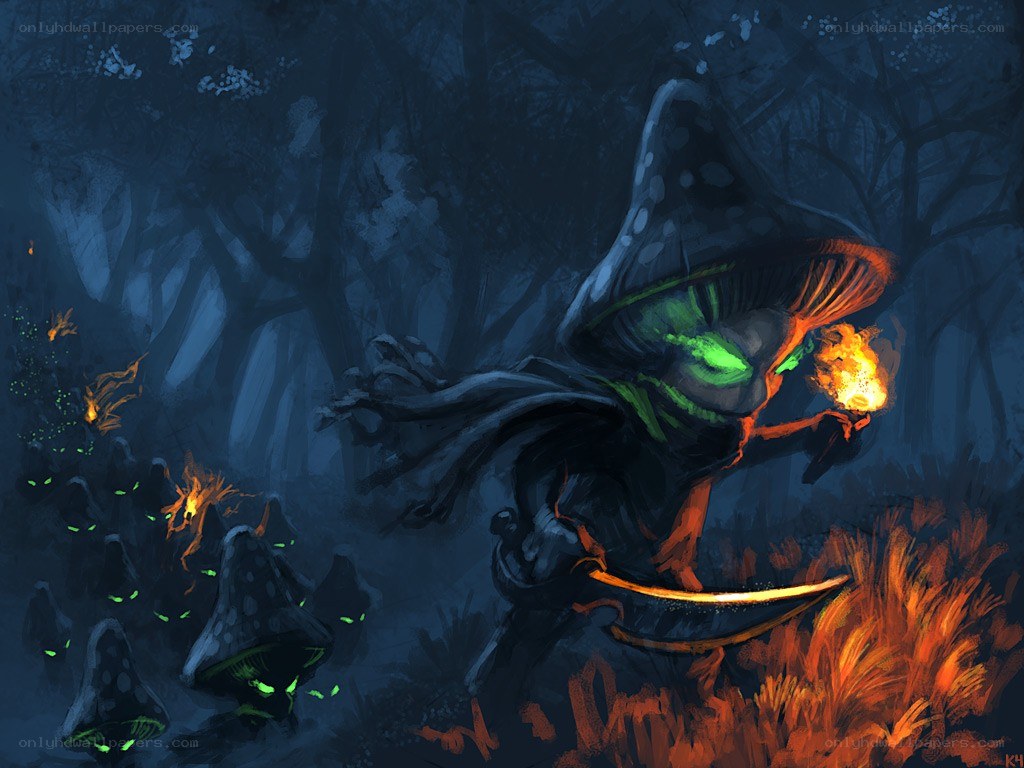 mushroom creature in dark forest