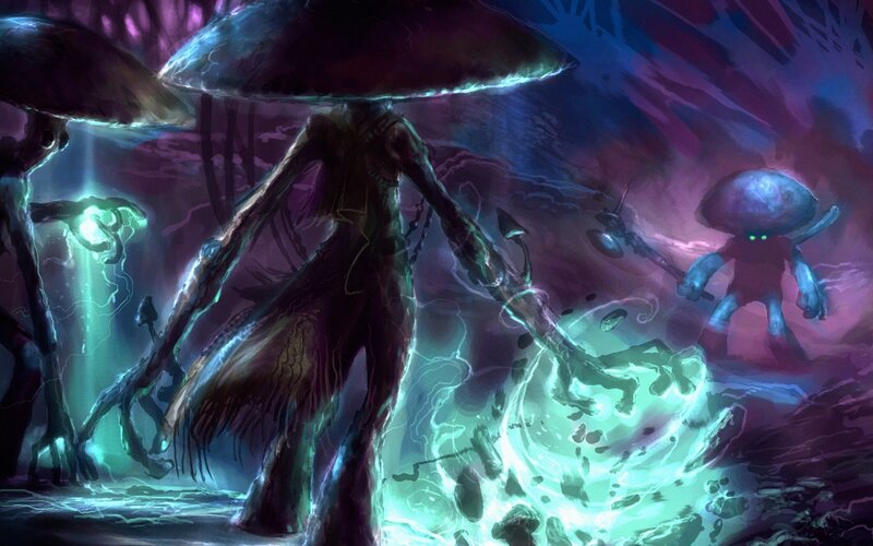 mushroom creatures in a mystical forest