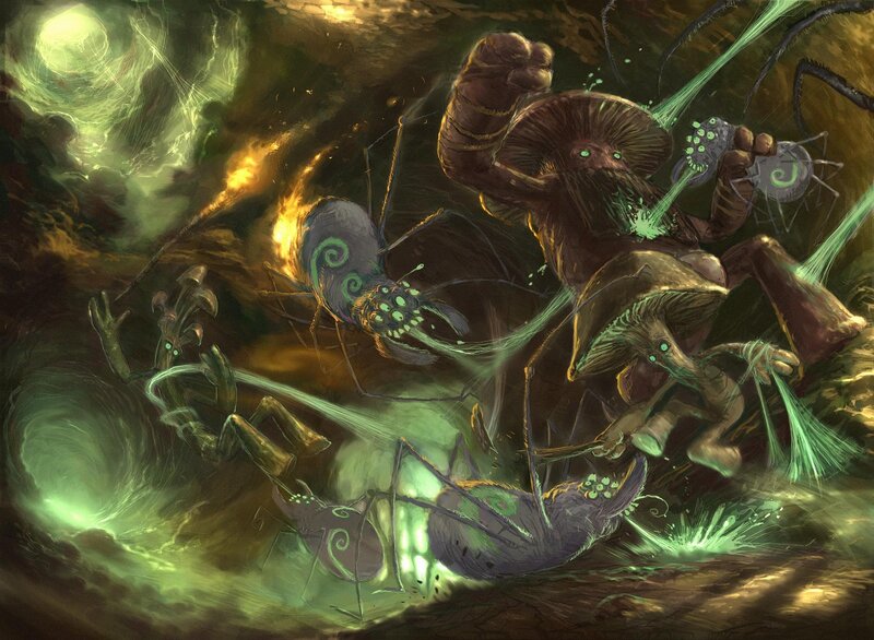 Mushroom creatures in battle
