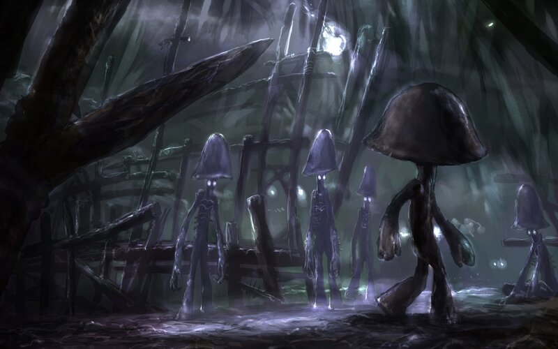 mushroom creatures in dark forest