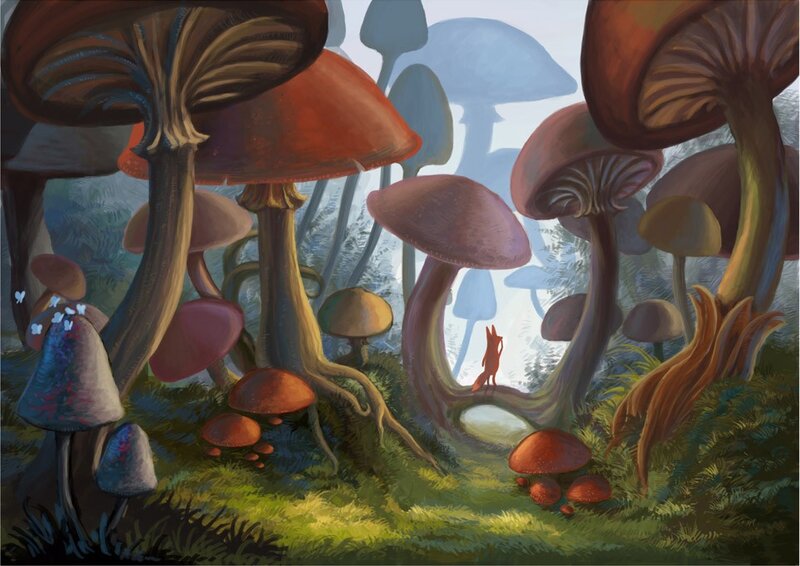 Mushroom forest with fox