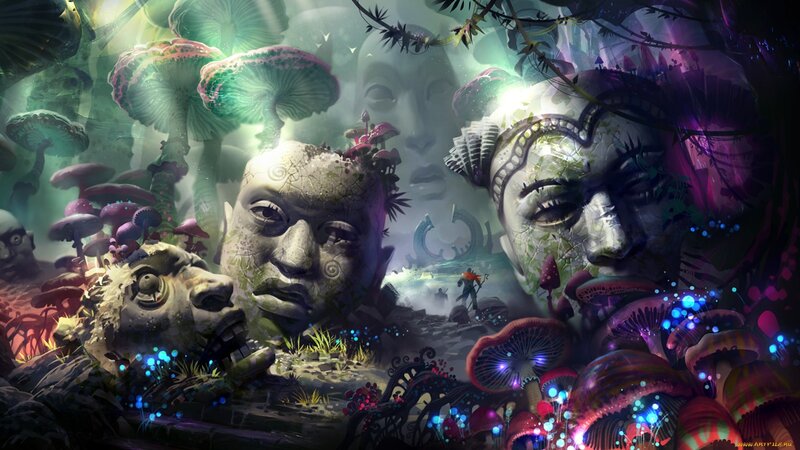 mushroom forest with stone faces