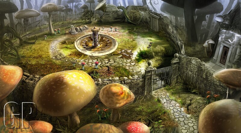mushroom garden fantasy scene