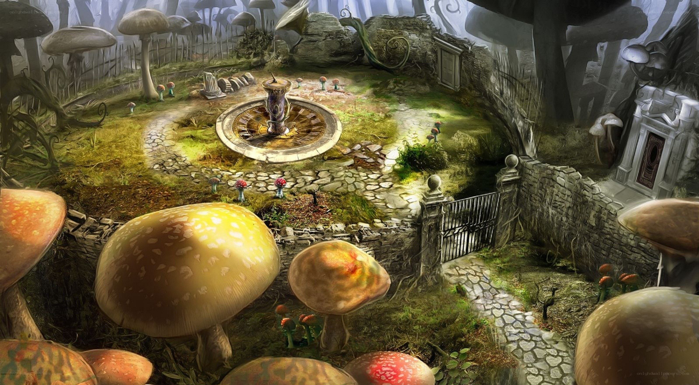 mushroom garden fantasy scene