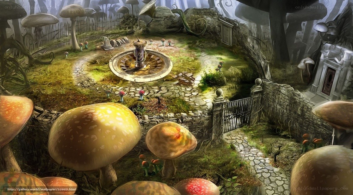 mushroom garden fantasy scene