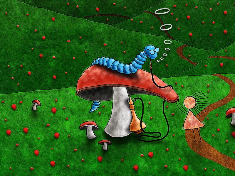 Mushroom garden with caterpillar