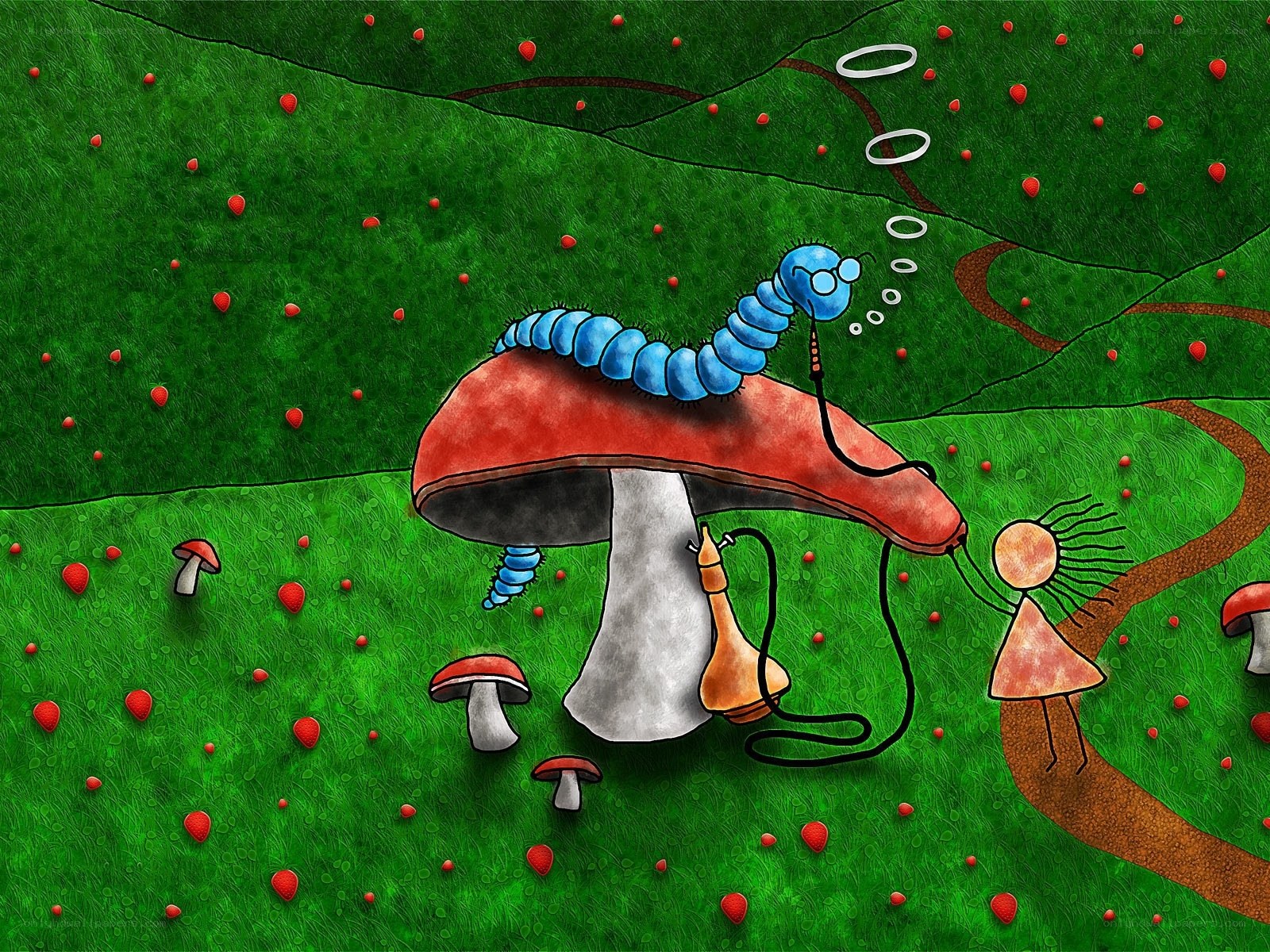 Mushroom garden with caterpillar
