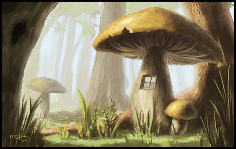 Mushroom House in Forest — Green, Serene, Morning, Digital Art