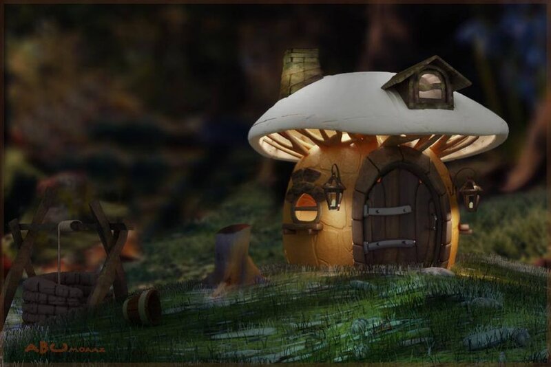 Mushroom House in Forest — Green, Serene, Night, 3d Render