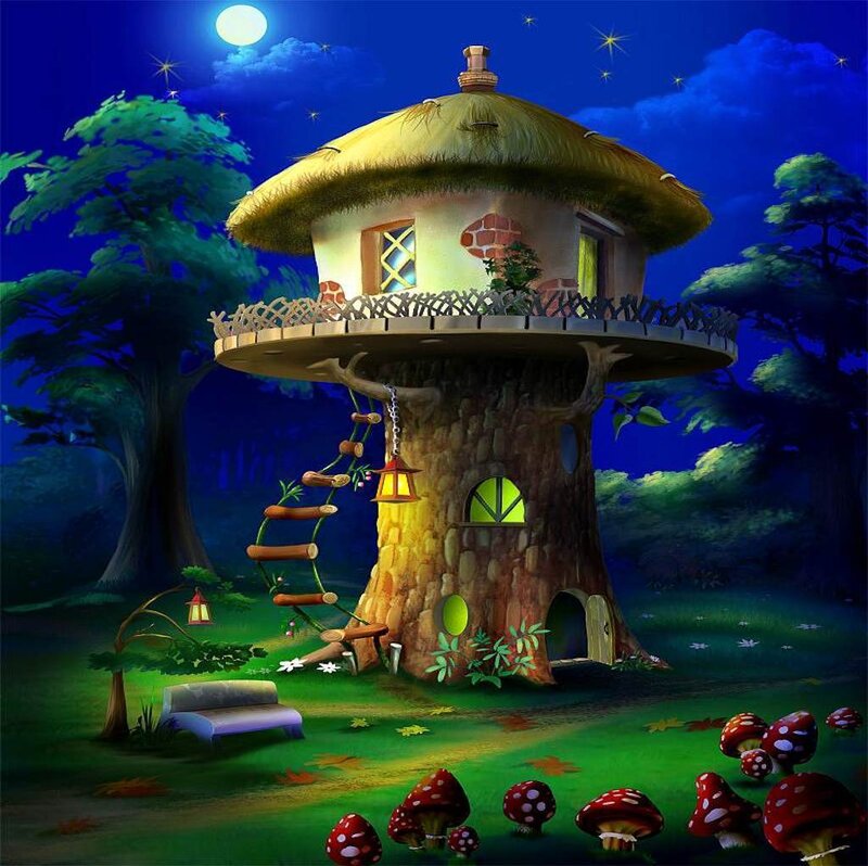 Mushroom House in Forest — Green, Serene, Night