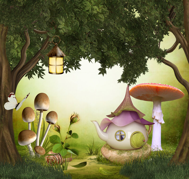 Mushroom House in Forest — Green, Whimsical, Afternoon, Digital Art