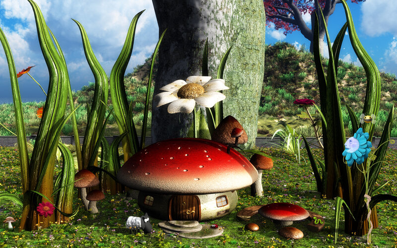 Mushroom House in Forest — Green, Whimsical, Afternoon