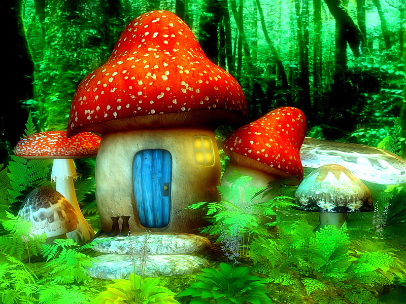 Mushroom House in Forest — Green, Whimsical, Digital Art